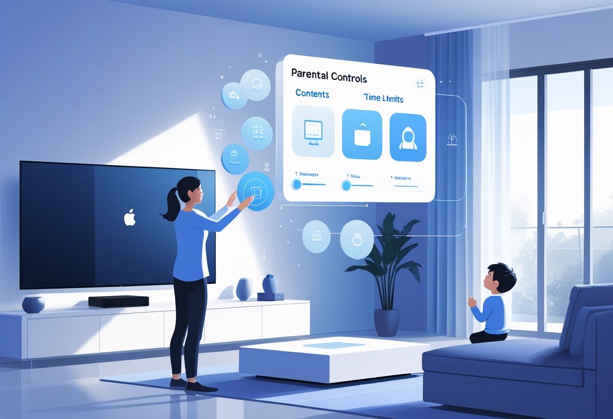 A parent adjusting settings on a digital interface for Apple TV parental controls while a child watches TV in a modern living room.