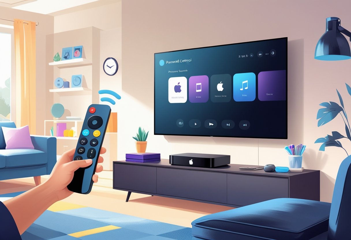 A living room scene showing a person using a remote to adjust settings on an Apple TV connected to a flat-screen television.