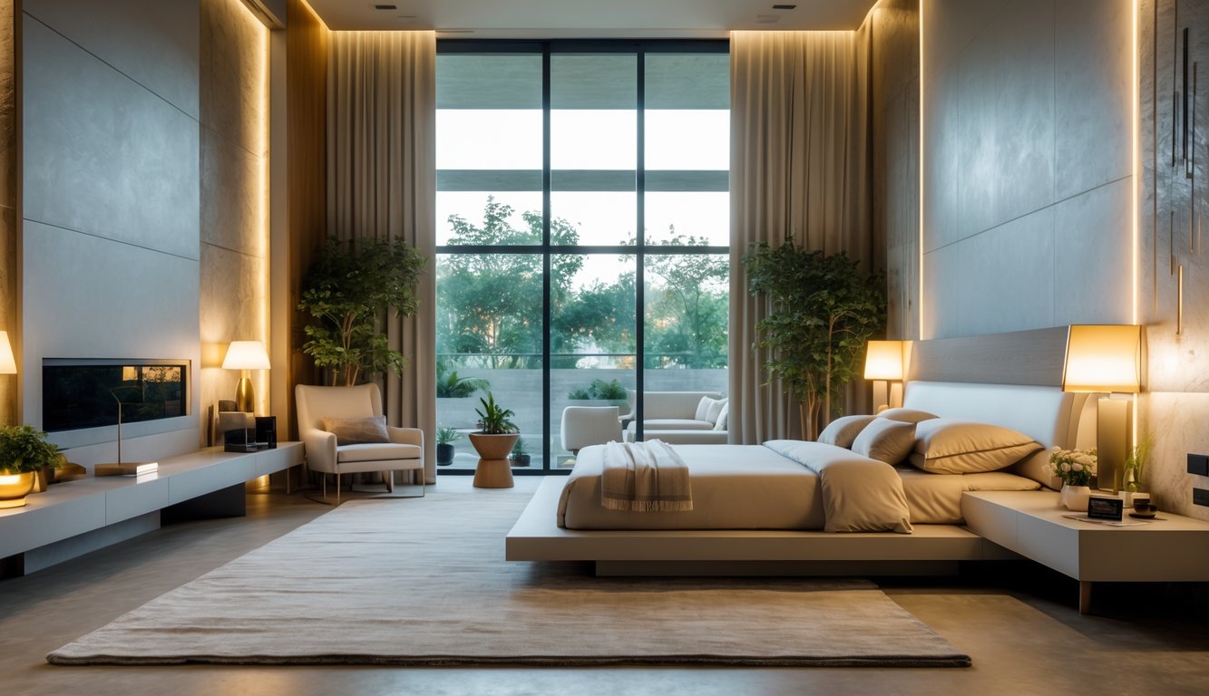 Sebuah kamar tidur modern dengan tempat tidur besar, jendela besar, kursi nyaman, tanaman hias, dan pencahayaan hangat.