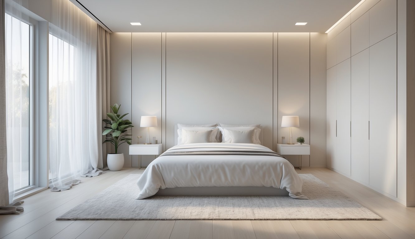 Sebuah kamar tidur dengan tempat tidur besar, meja samping tempat tidur, jendela besar dengan tirai tipis, dan tanaman hias kecil di sudut ruangan.