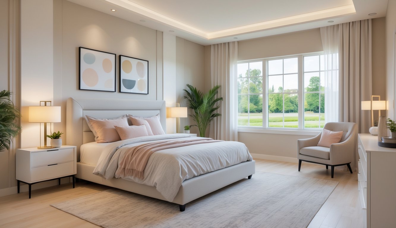 Sebuah kamar tidur modern dengan tempat tidur queen, lampu meja, kursi nyaman, dan jendela besar yang menerangi ruangan.