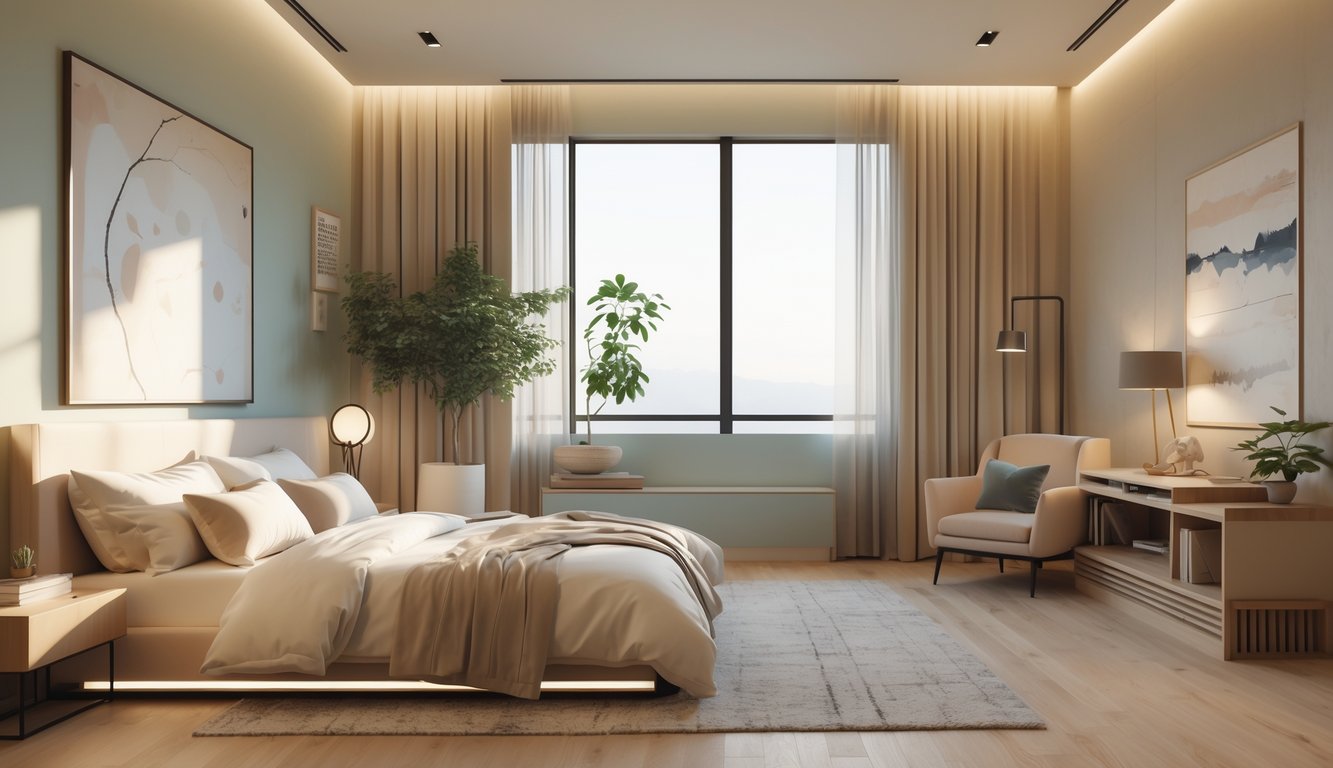 Sebuah kamar tidur modern yang nyaman dengan tempat tidur besar, lampu meja, tanaman hijau, dan jendela besar yang menerangi ruangan.