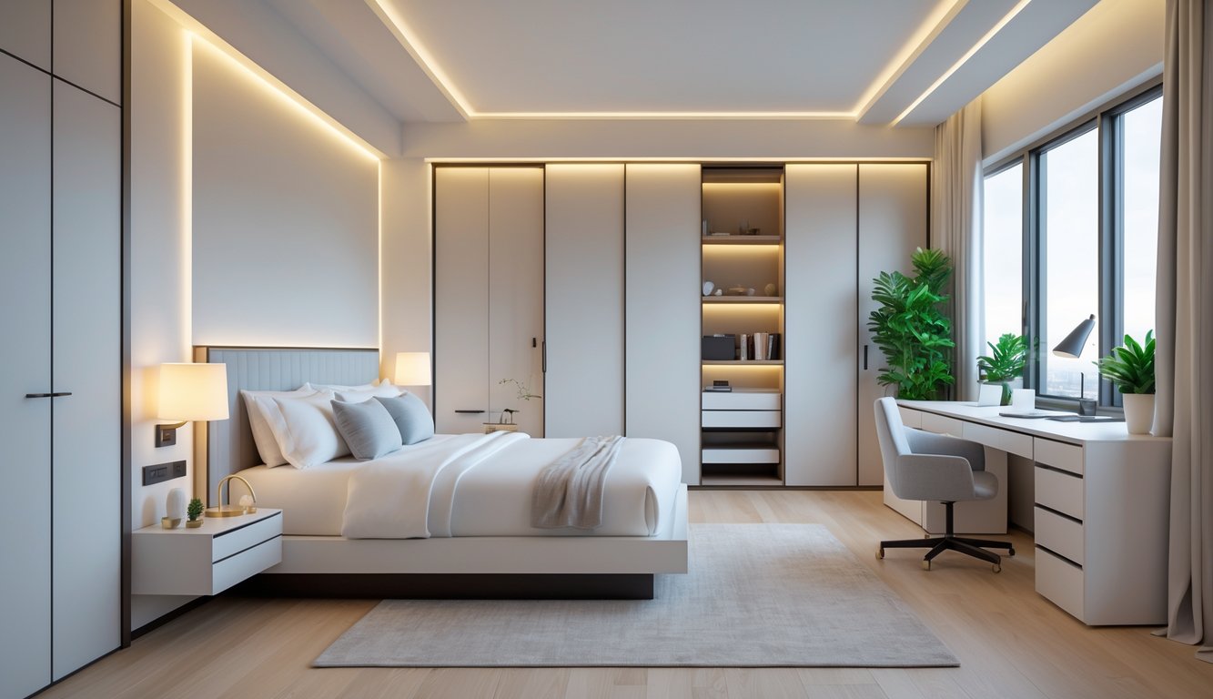 Sebuah kamar tidur dengan tempat tidur rapi, jendela besar, tanaman dalam ruangan, dan meja kerja kecil.