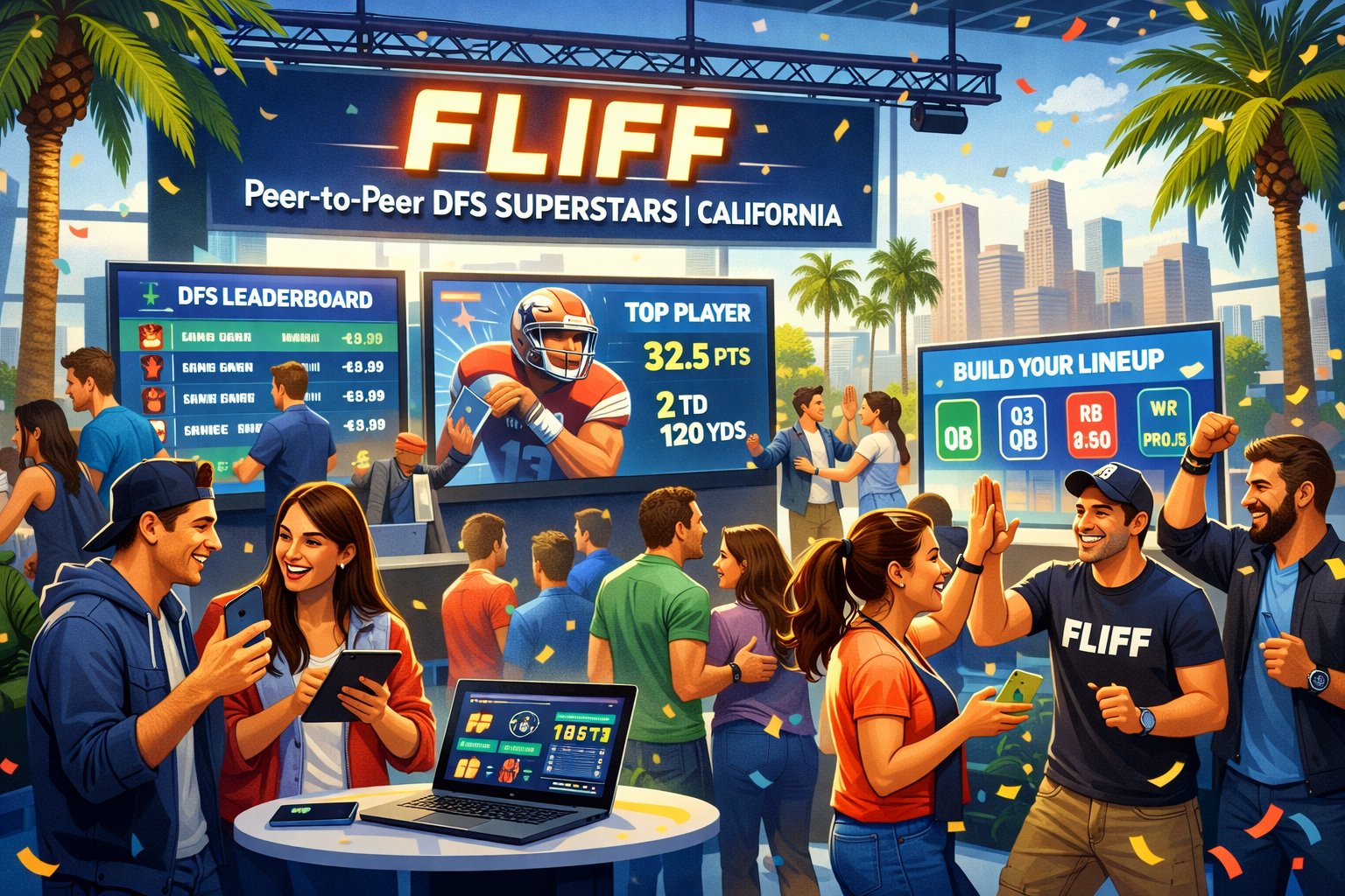 A group of people at a tech event in California interacting with digital screens and devices, celebrating a fantasy sports launch.