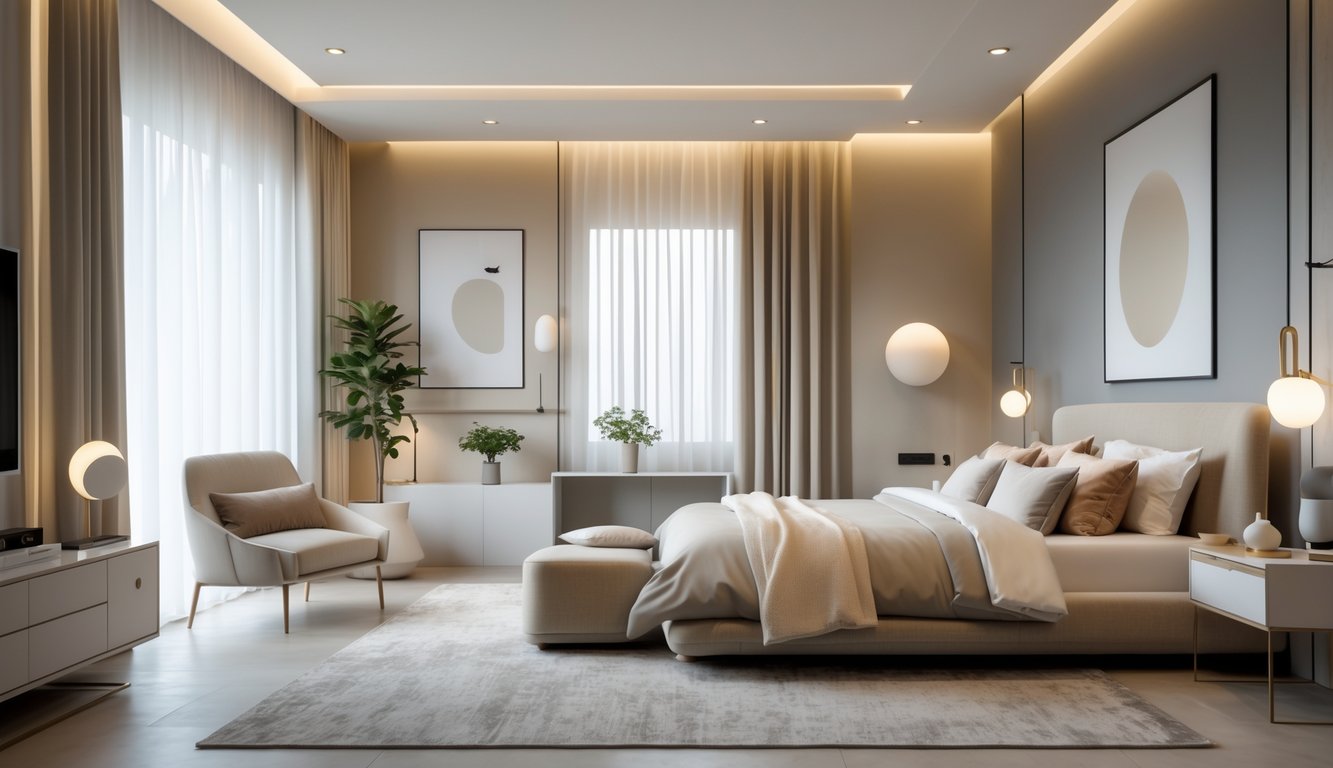 Sebuah kamar tidur modern dengan tempat tidur besar, jendela besar dengan tirai tipis, furnitur kontemporer, dan tanaman dalam ruangan.