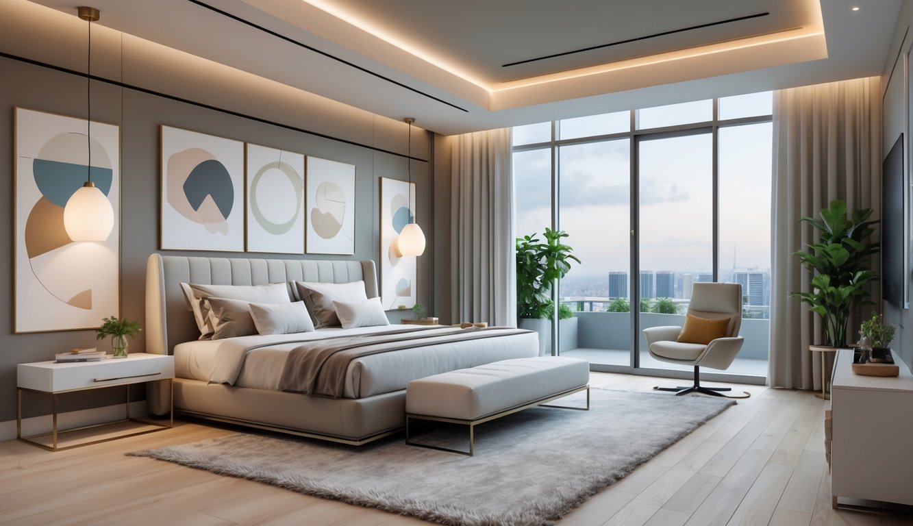 Sebuah kamar tidur dengan tempat tidur besar, lampu gantung, jendela besar, kursi santai, dan tanaman dalam ruangan.