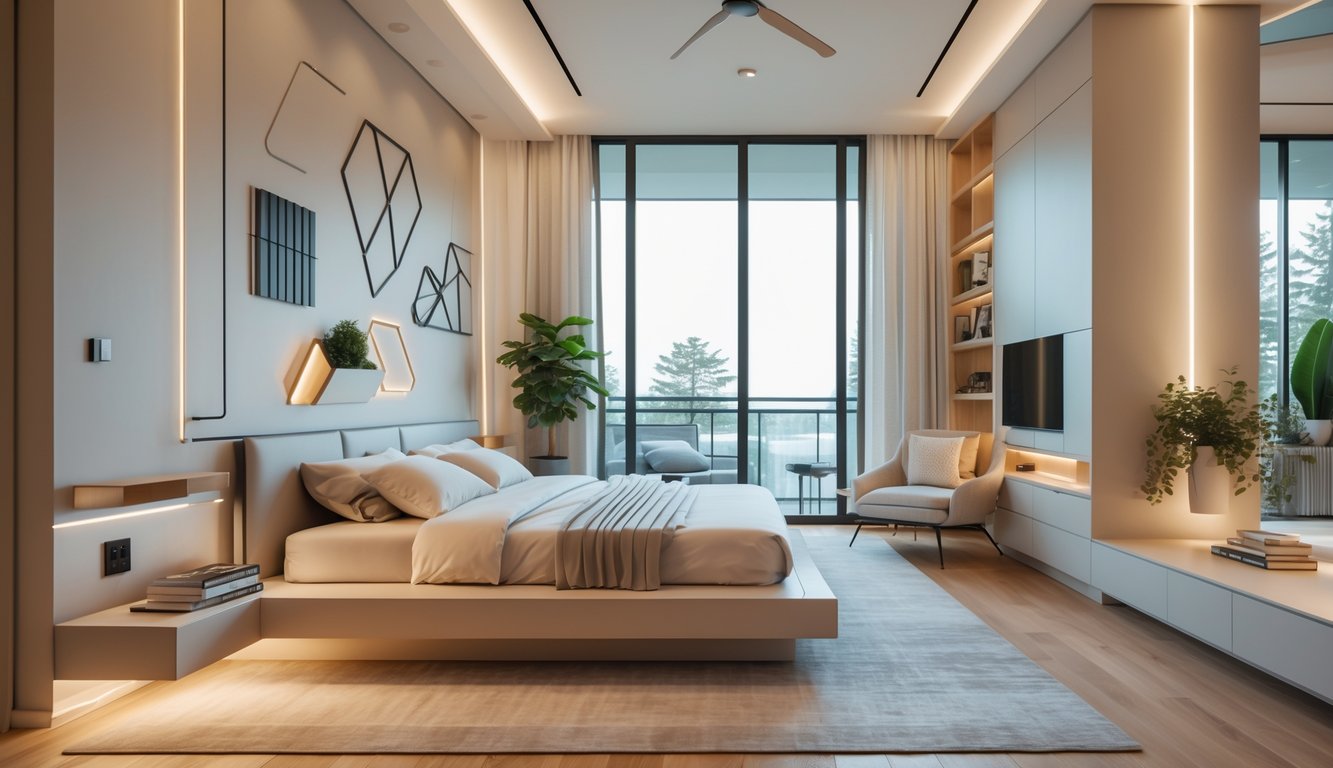 Sebuah kamar tidur modern dengan tempat tidur, jendela besar, tanaman dalam ruangan, dan area baca yang nyaman.