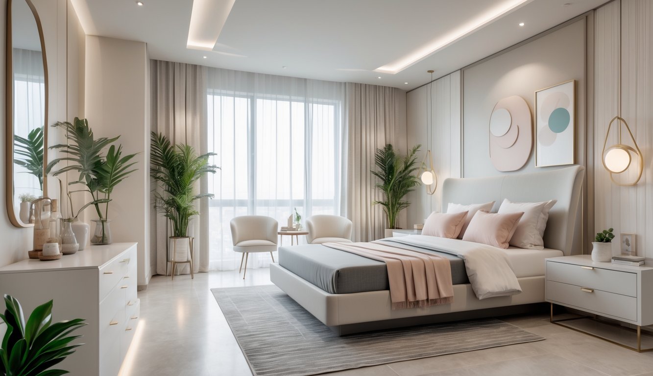 Kamar tidur modern dengan furnitur minimalis, tempat tidur rapi, tanaman hias, dan pencahayaan alami.