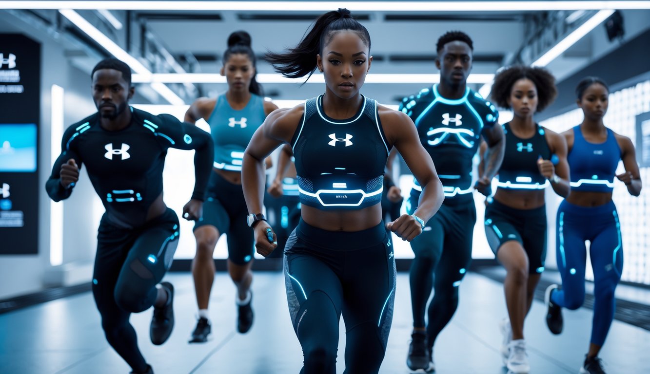 Sekelompok atlet beragam mengenakan pakaian olahraga futuristik sedang berlatih di fasilitas pelatihan modern yang canggih.