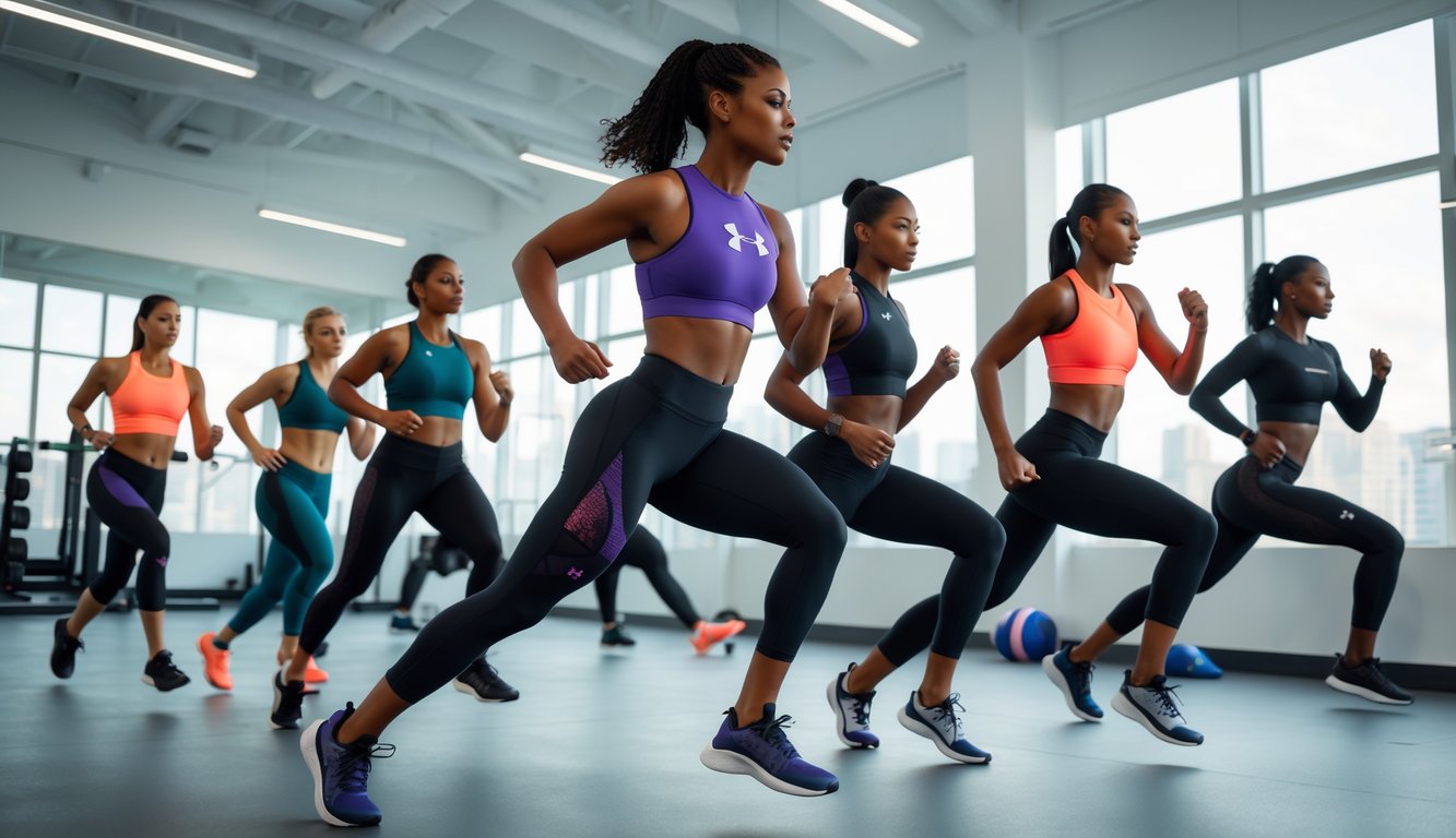 Sekelompok atlet beragam menggunakan pakaian olahraga Under Armour sedang beraktivitas di gym modern dengan pemandangan kota di luar jendela.