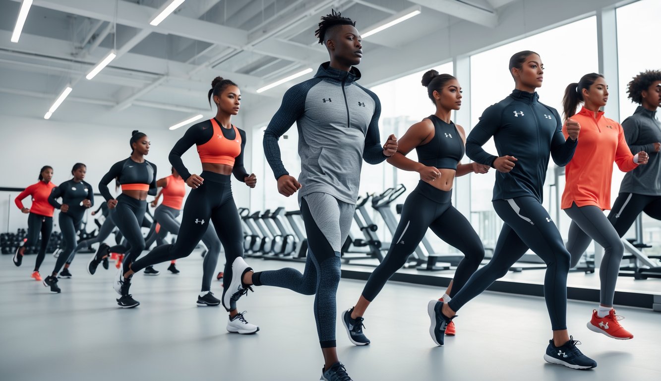 Sekelompok atlet muda mengenakan pakaian olahraga Under Armour terbaru sedang berolahraga di gym modern.
