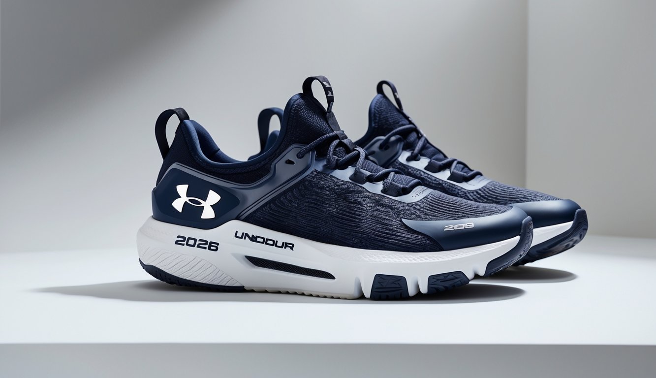 Sepasang sepatu olahraga Under Armour 2026 berwarna gelap dengan desain modern ditampilkan di latar belakang putih bersih.