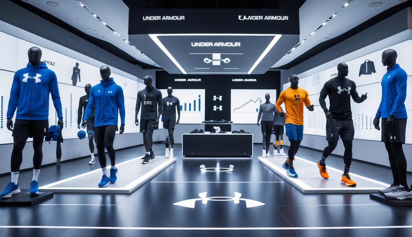 Toko olahraga modern dengan pakaian dan sepatu Under Armour terbaru, menampilkan atlet yang memakai perlengkapan olahraga dalam berbagai aktivitas.