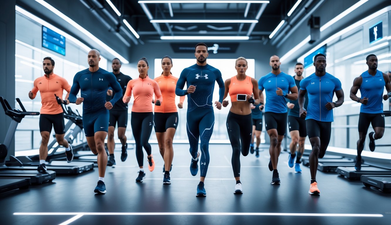 Beberapa atlet beragam menggunakan pakaian olahraga Under Armour futuristik di fasilitas olahraga modern dengan peralatan canggih di latar belakang.