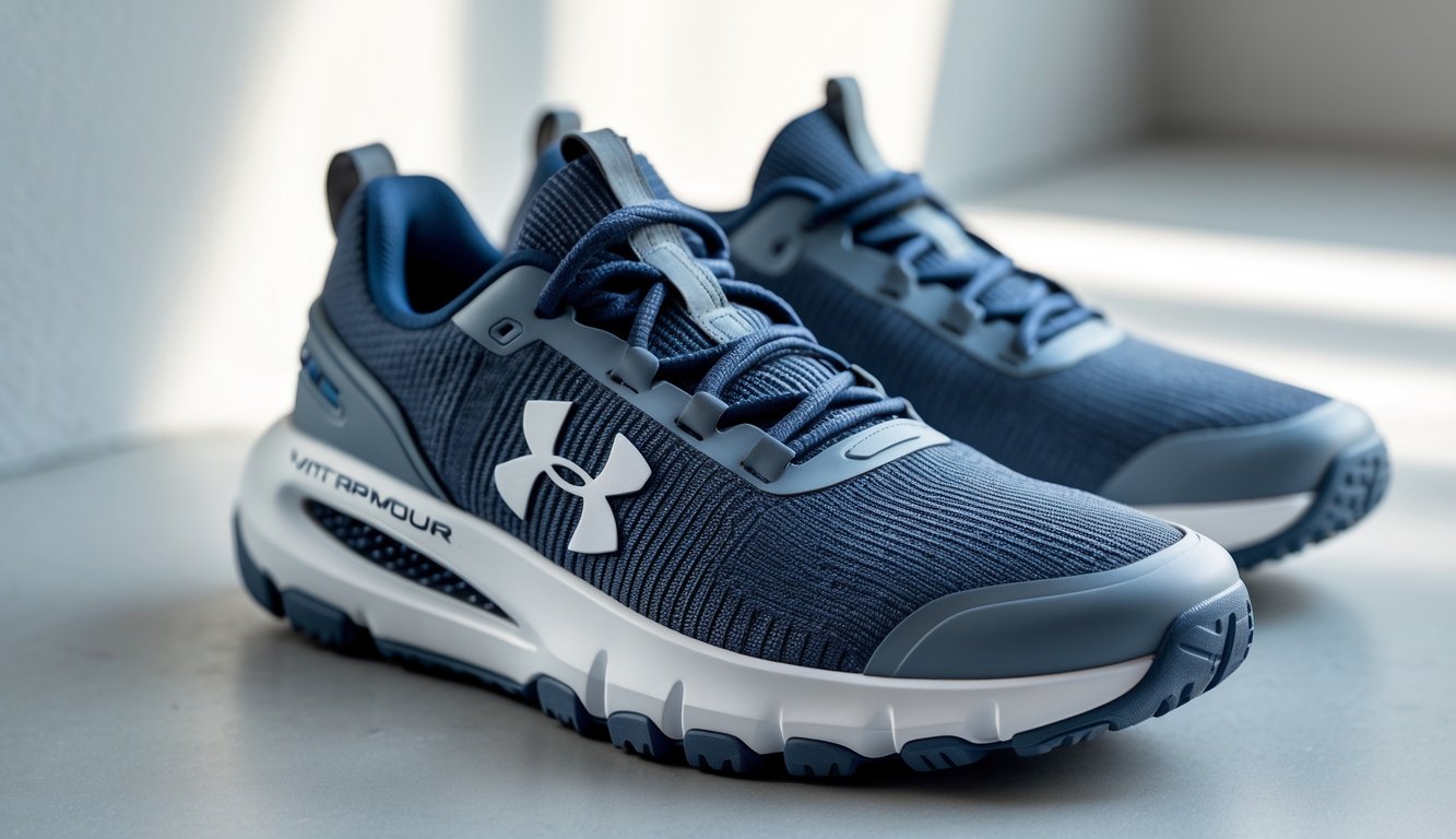 Sepasang sepatu olahraga Under Armour terbaru diletakkan di latar belakang netral dengan pencahayaan yang menonjolkan desain dan bahan yang nyaman serta tahan lama.