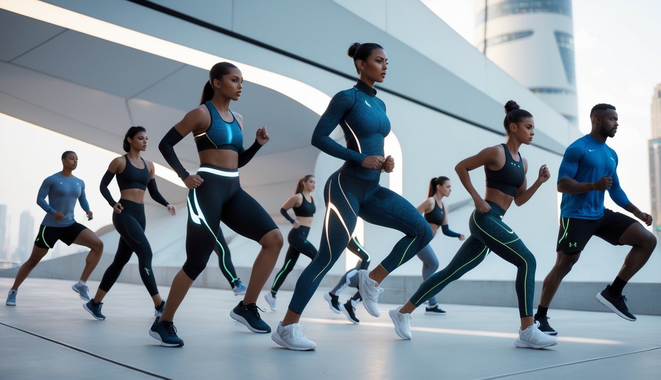 Sekelompok atlet mengenakan pakaian olahraga futuristik sedang beraktivitas di lingkungan perkotaan modern.