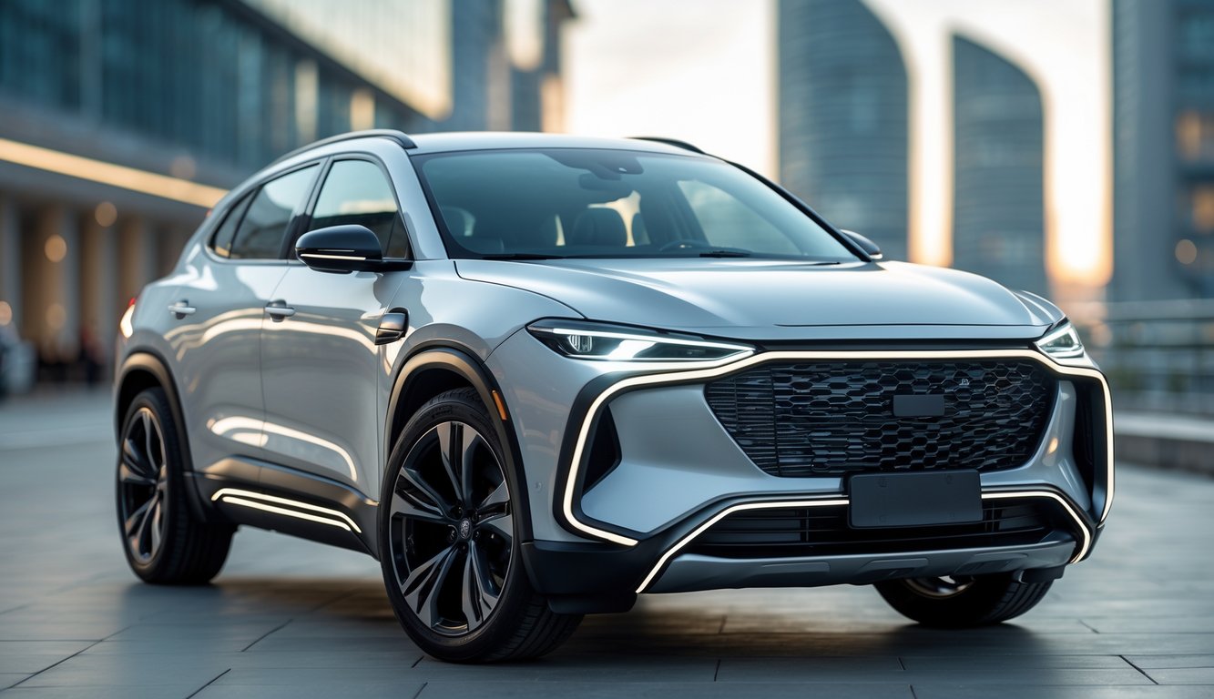 Pelindung bumper mobil futuristik terpasang pada mobil mewah di latar perkotaan.