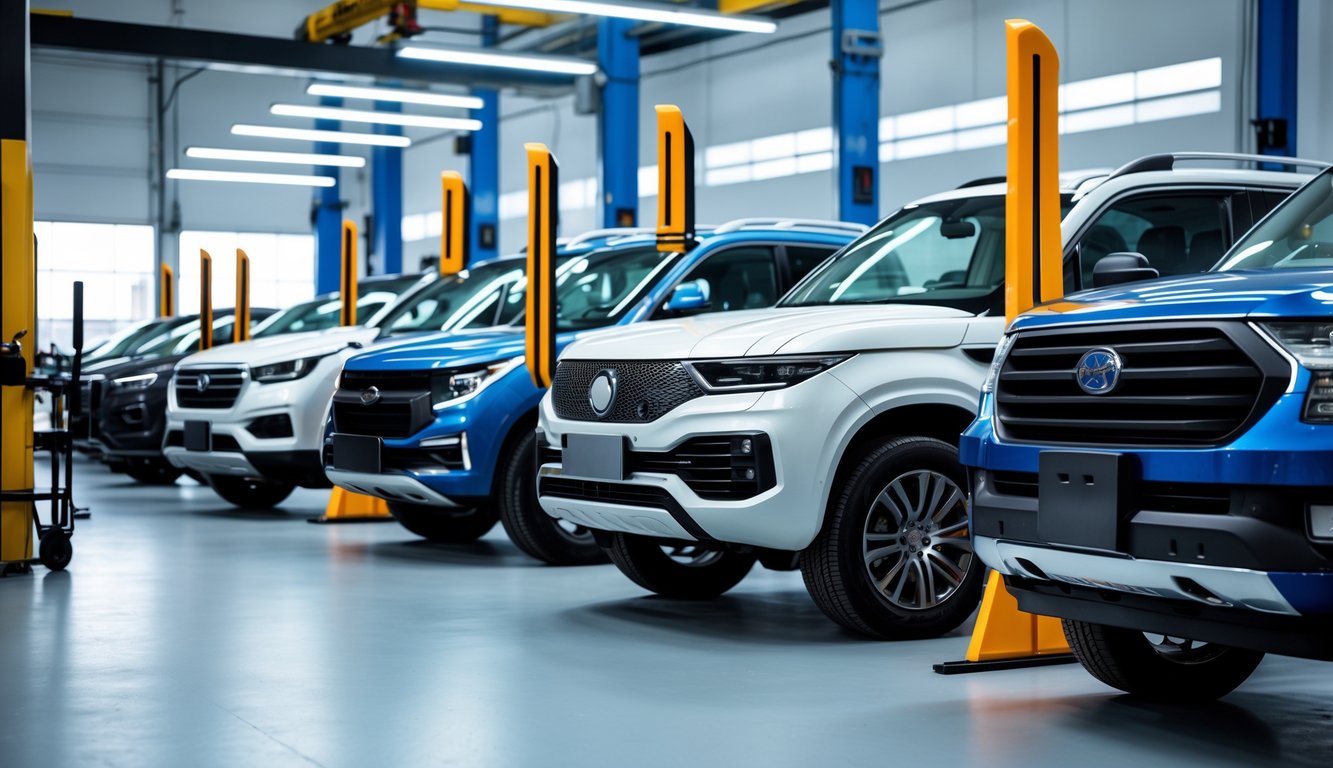 Berbagai pelindung bumper mobil dipasang pada beberapa jenis kendaraan di bengkel mobil yang modern.