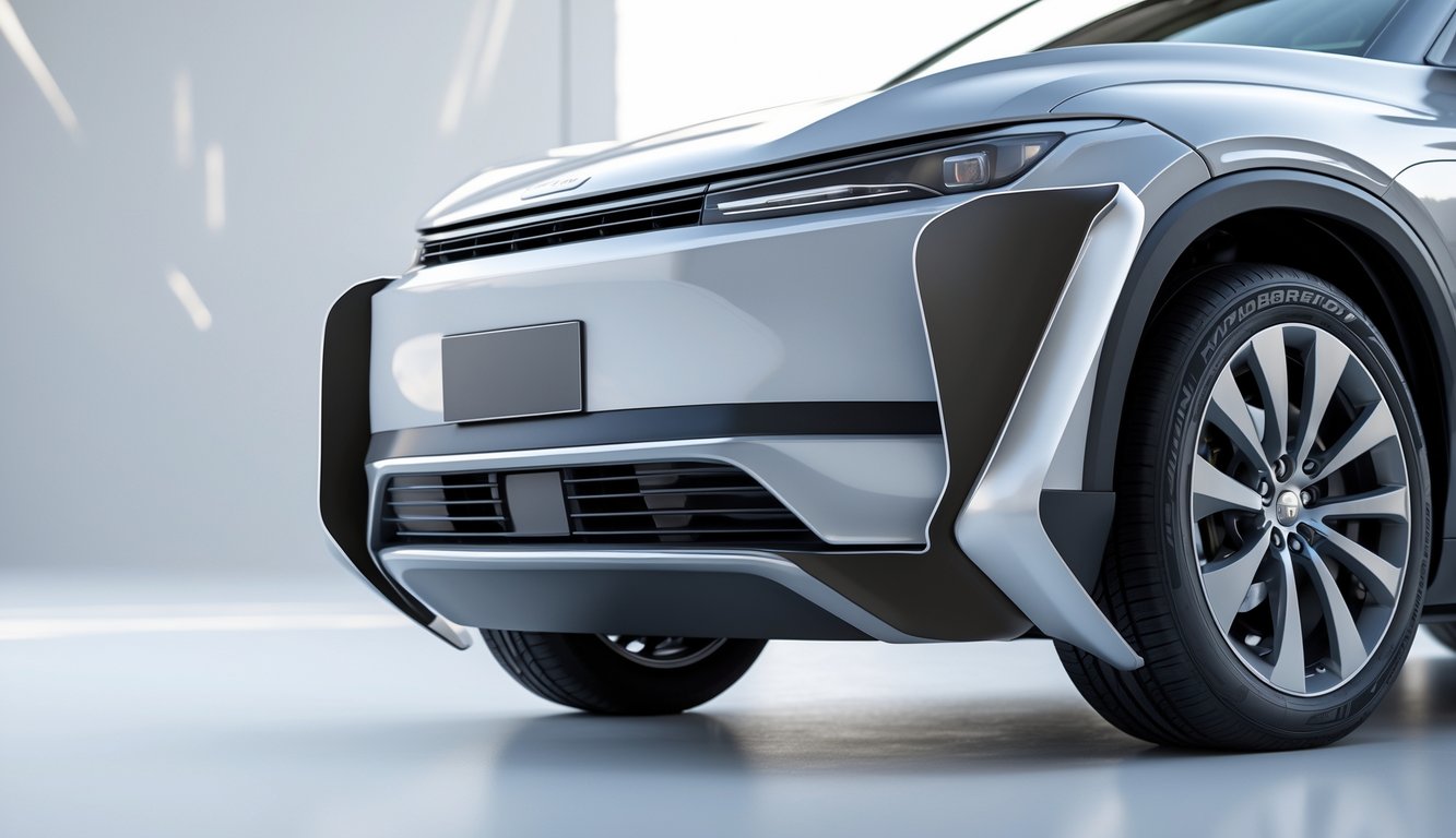 Pelindung bumper mobil modern yang terpasang pada bagian depan mobil di studio dengan latar belakang polos.