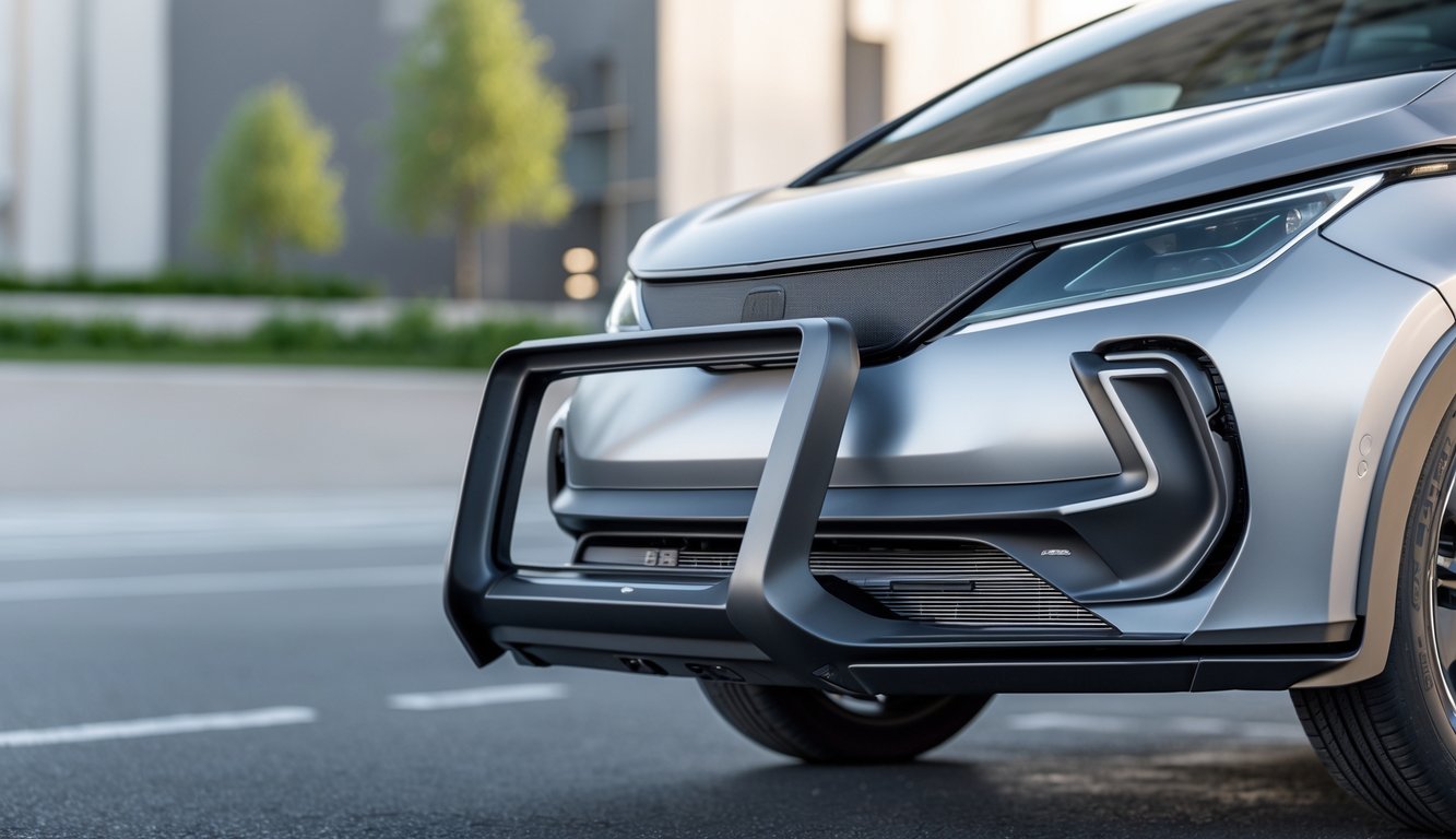 Foto close-up bagian depan bumper mobil modern dengan fitur pelindung terbaru, di lingkungan perkotaan yang cerah.