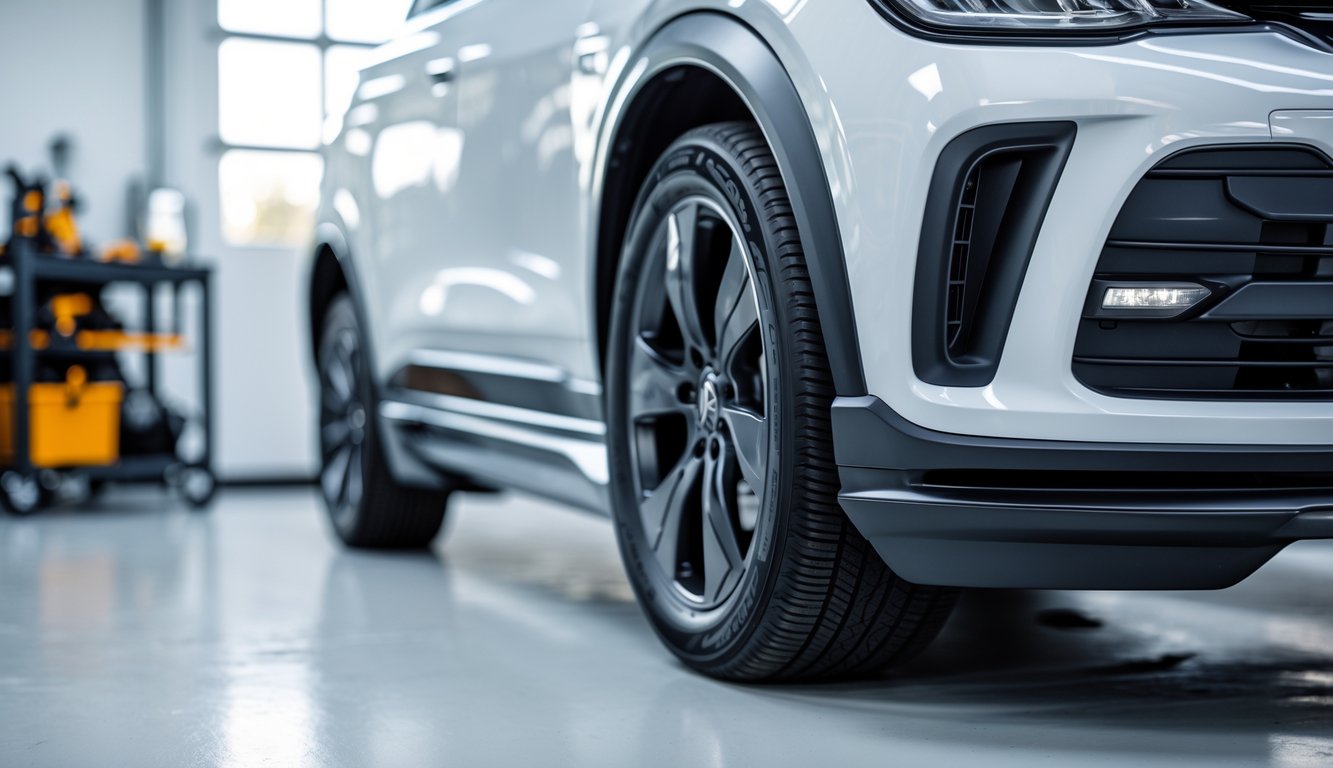 Close-up bagian bumper mobil modern yang kuat dan estetis di bengkel atau ruang pamer mobil.