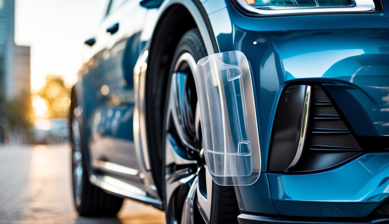 Foto close-up pelindung bumper mobil transparan yang terpasang pada mobil modern di luar ruangan.