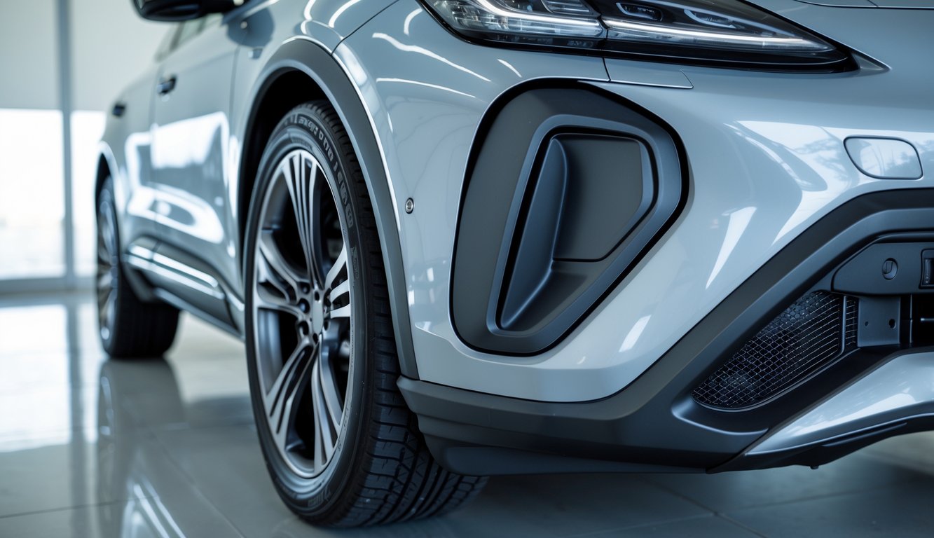 Foto close-up pelindung bumper mobil terbaru tahun 2026 yang terpasang pada mobil modern di latar belakang showroom atau luar ruangan.