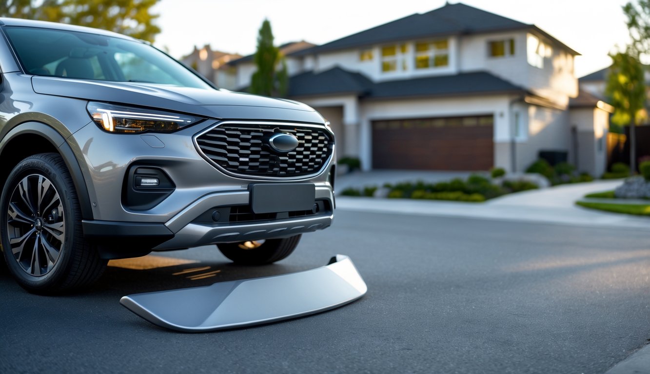 Pelindung bumper mobil terpasang pada mobil keluarga di lingkungan perumahan dengan latar belakang rumah dan tanaman.