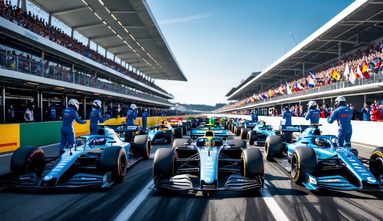 Beberapa mobil Formula 1 berwarna-warni berjajar di lintasan balap dengan kru tim yang sedang bersiap dan penonton di tribun belakang.