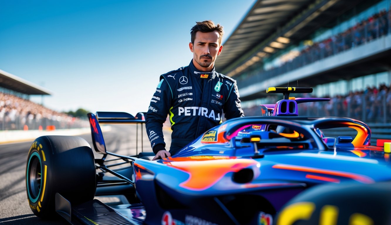 Seorang pembalap Formula 1 berdiri di samping mobil balap di sirkuit dengan penonton di latar belakang.