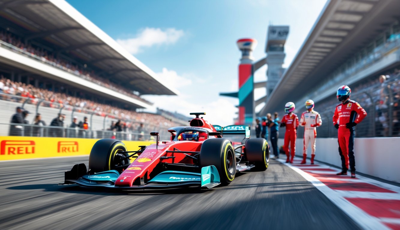Seorang pembalap muda dan pembalap veteran berdiri di samping mobil balap F1 modern di lintasan dengan penonton dan suasana balapan yang ramai.