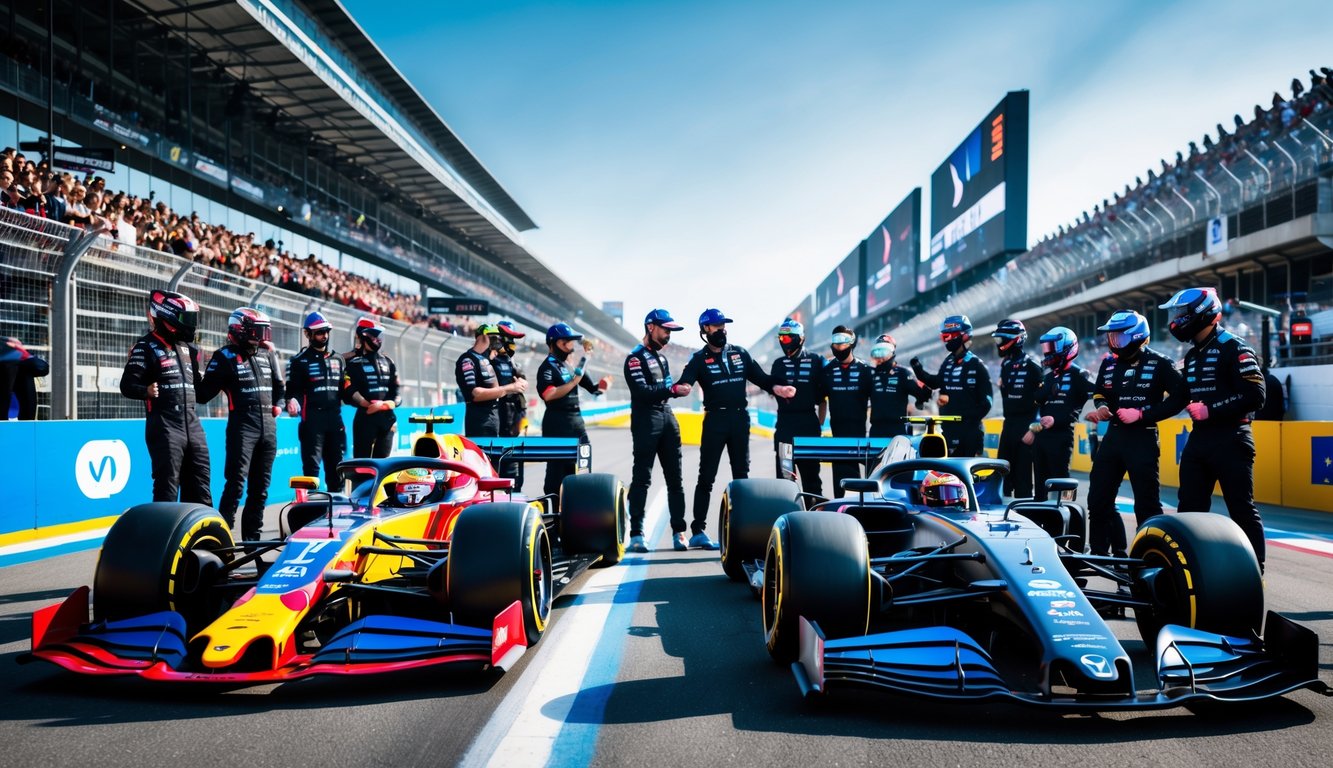 Dua mobil balap F1 modern di garis start dengan pembalap mengenakan seragam balap, di sirkuit dengan penonton dan kru tim di latar belakang.