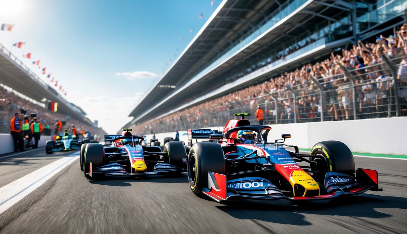 Dua mobil F1 futuristik balapan berdampingan di lintasan dengan penonton ramai di tribun di latar belakang.