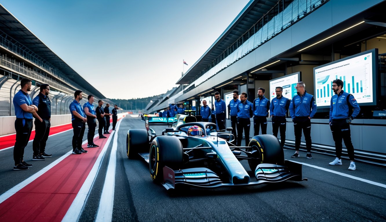 Sekelompok insinyur dan analis sedang memeriksa data performa pembalap F1 di samping mobil balap modern di lintasan balap.