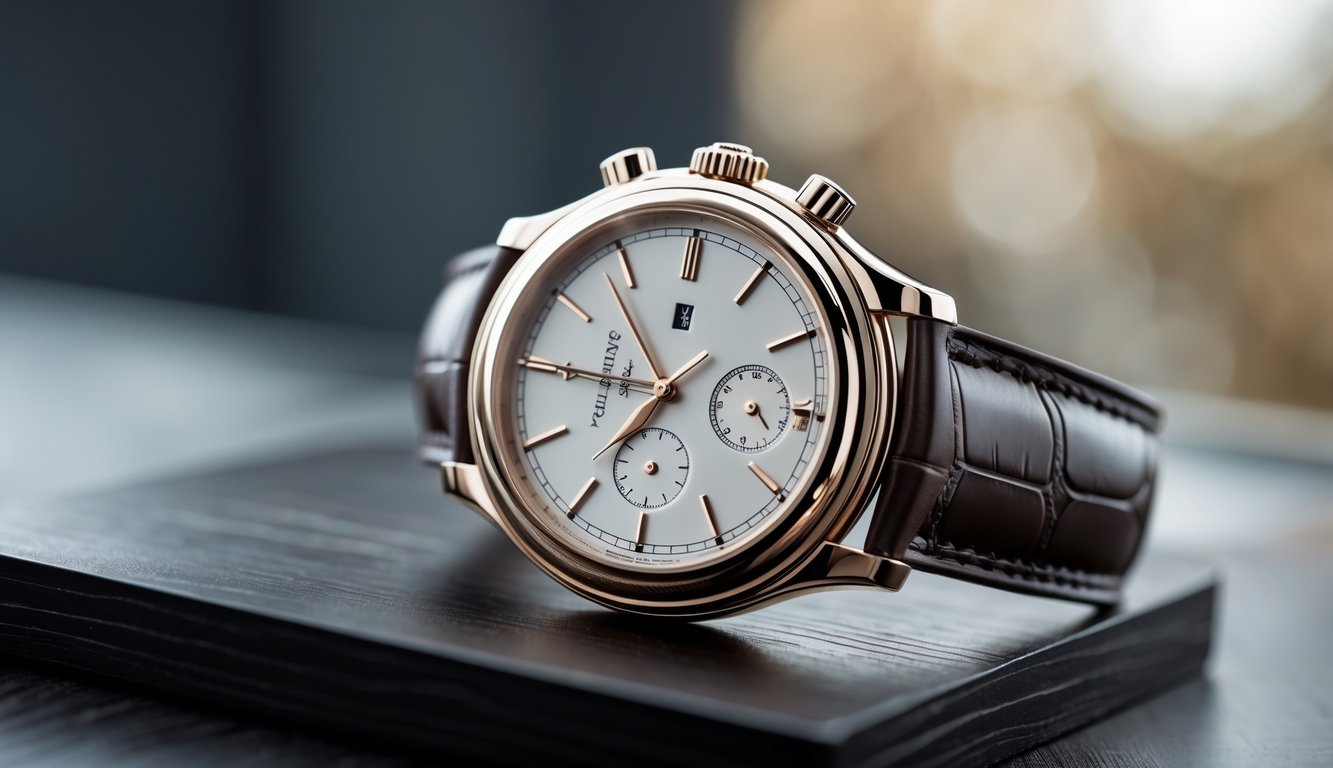 Jam tangan mewah dengan desain elegan diletakkan di atas permukaan kayu gelap dengan pencahayaan lembut.