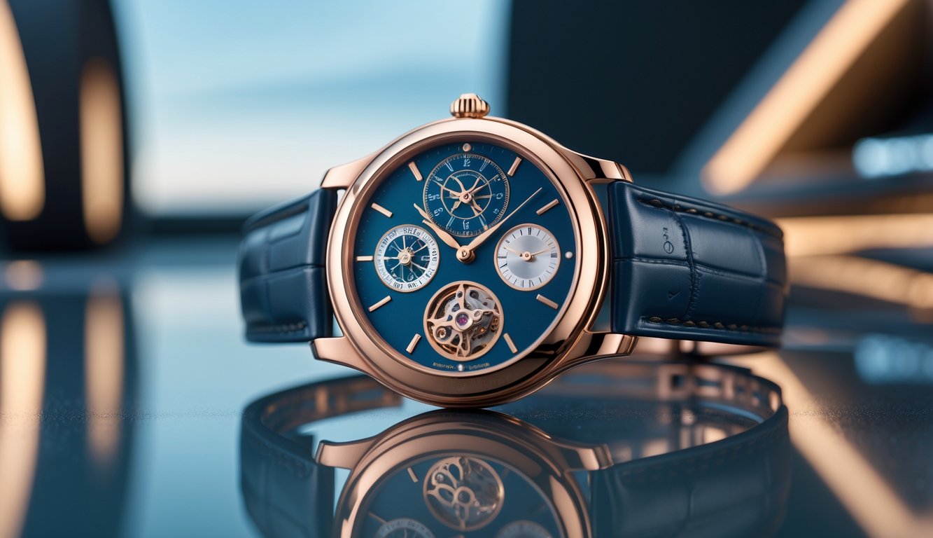 Foto close-up jam tangan mewah Patek Philippe dengan detail mekanis terlihat jelas di atas permukaan reflektif, dengan latar belakang desain modern dan teknologi canggih.