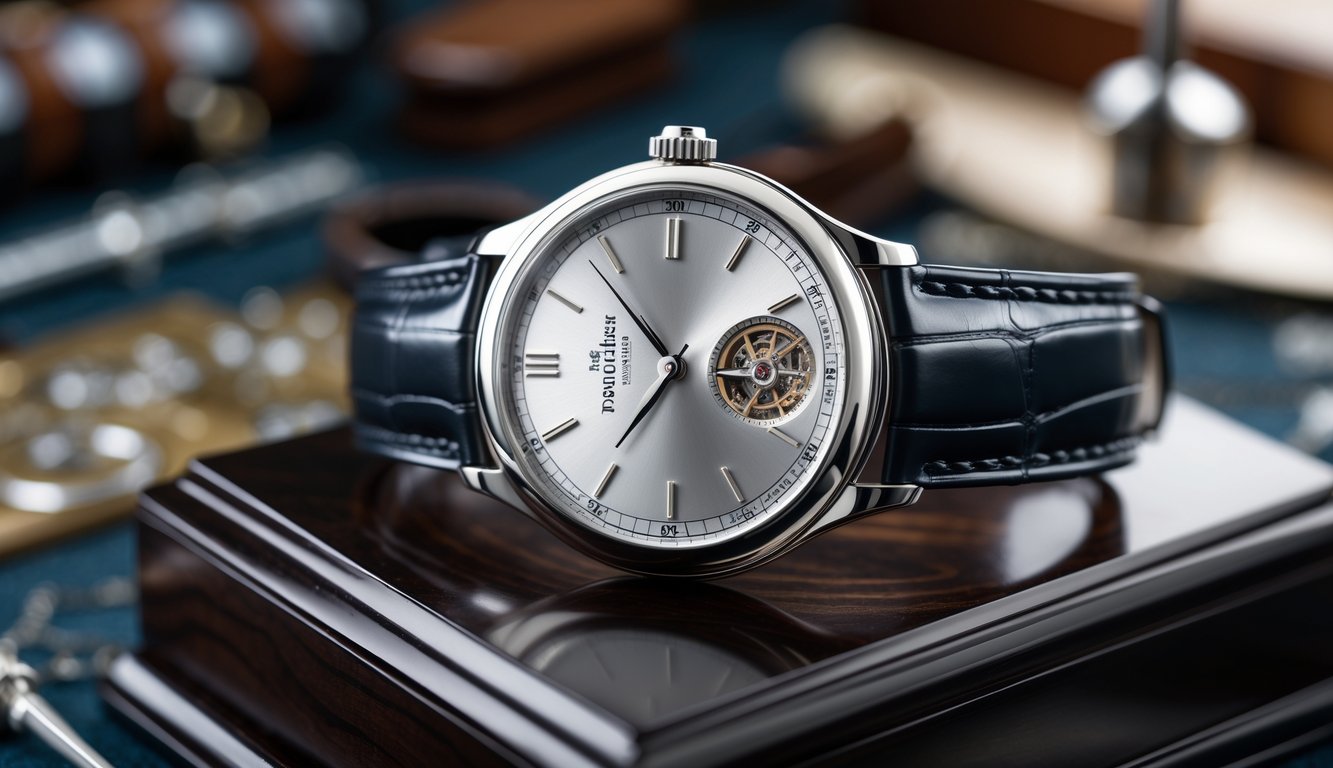 Sebuah jam tangan Patek Philippe model 2026 diletakkan di atas permukaan kayu gelap dengan latar belakang bengkel pembuat jam yang samar.