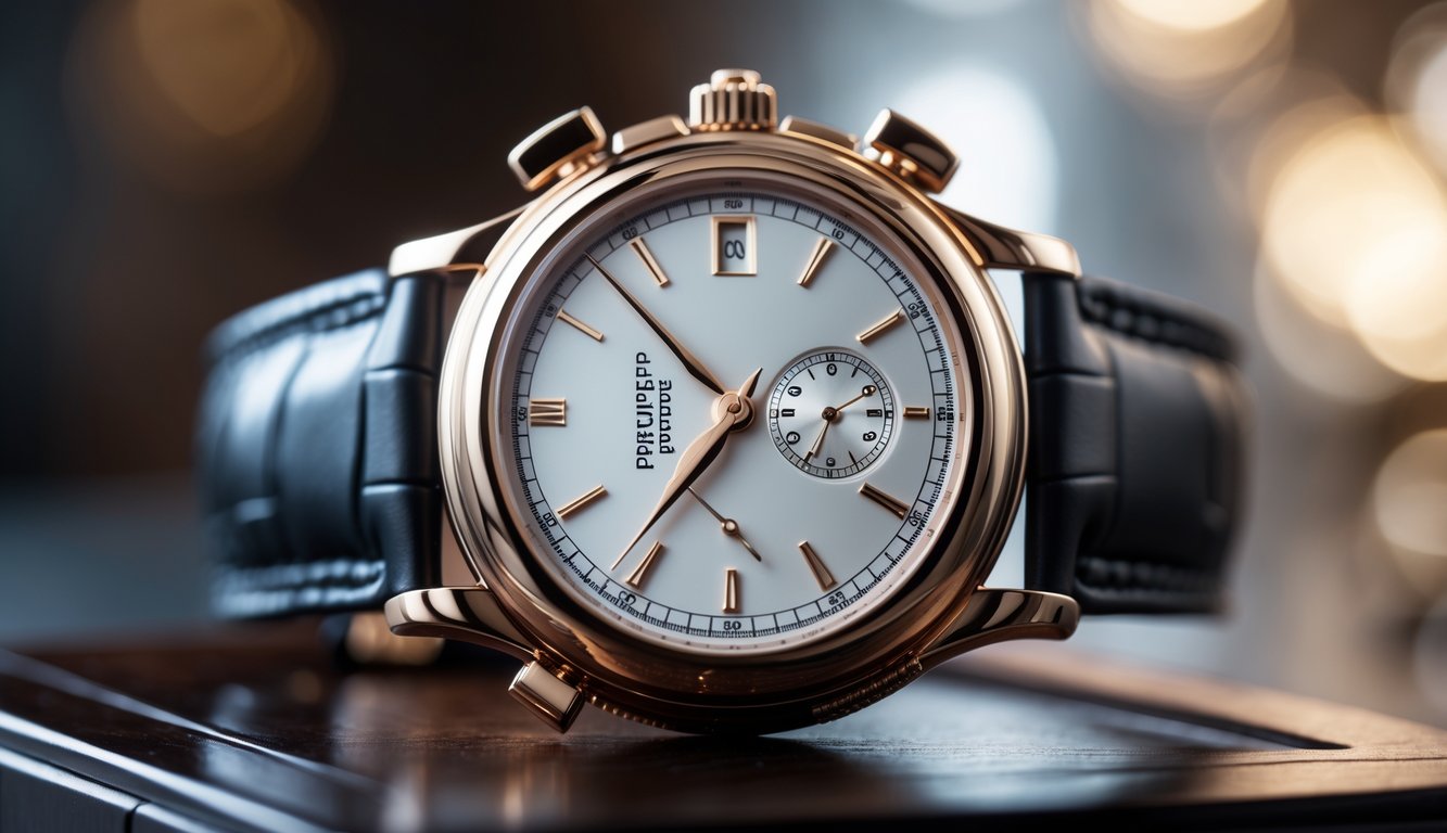 Jam tangan Patek Philippe model 2026 diletakkan di atas permukaan kayu gelap dengan pencahayaan lembut yang menyoroti detailnya.
