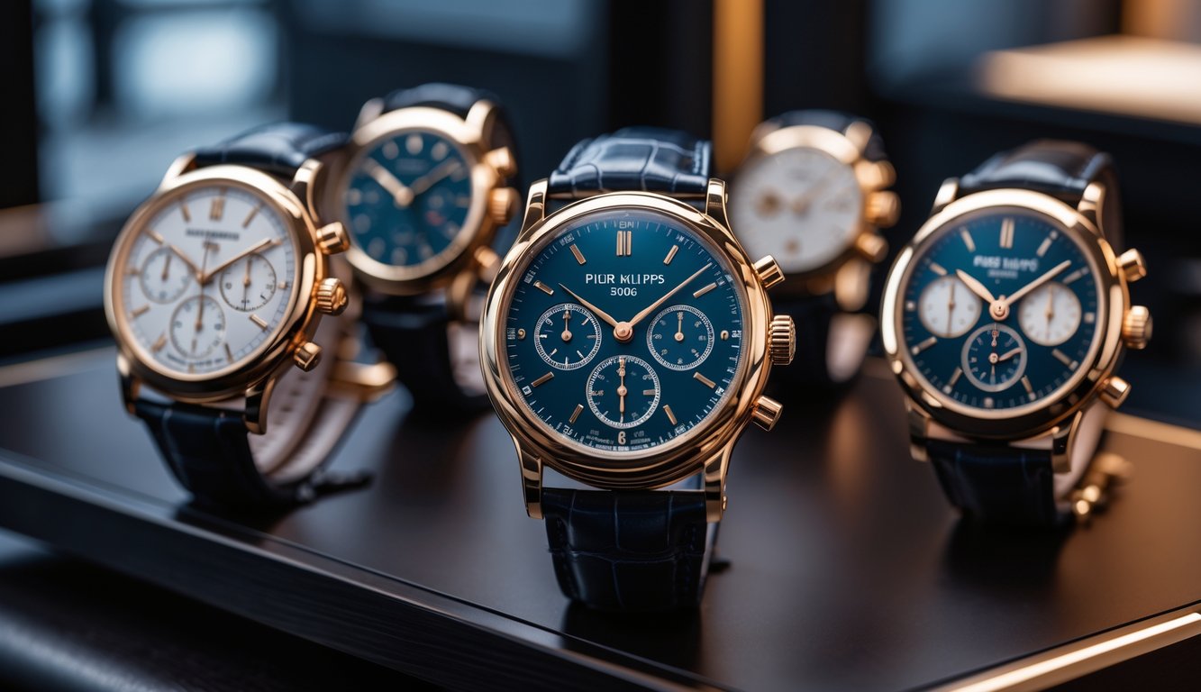 Beberapa jam tangan mewah Patek Philippe dipajang di atas meja kayu dengan pencahayaan hangat, di latar belakang suasana butik jam tangan mewah yang elegan.