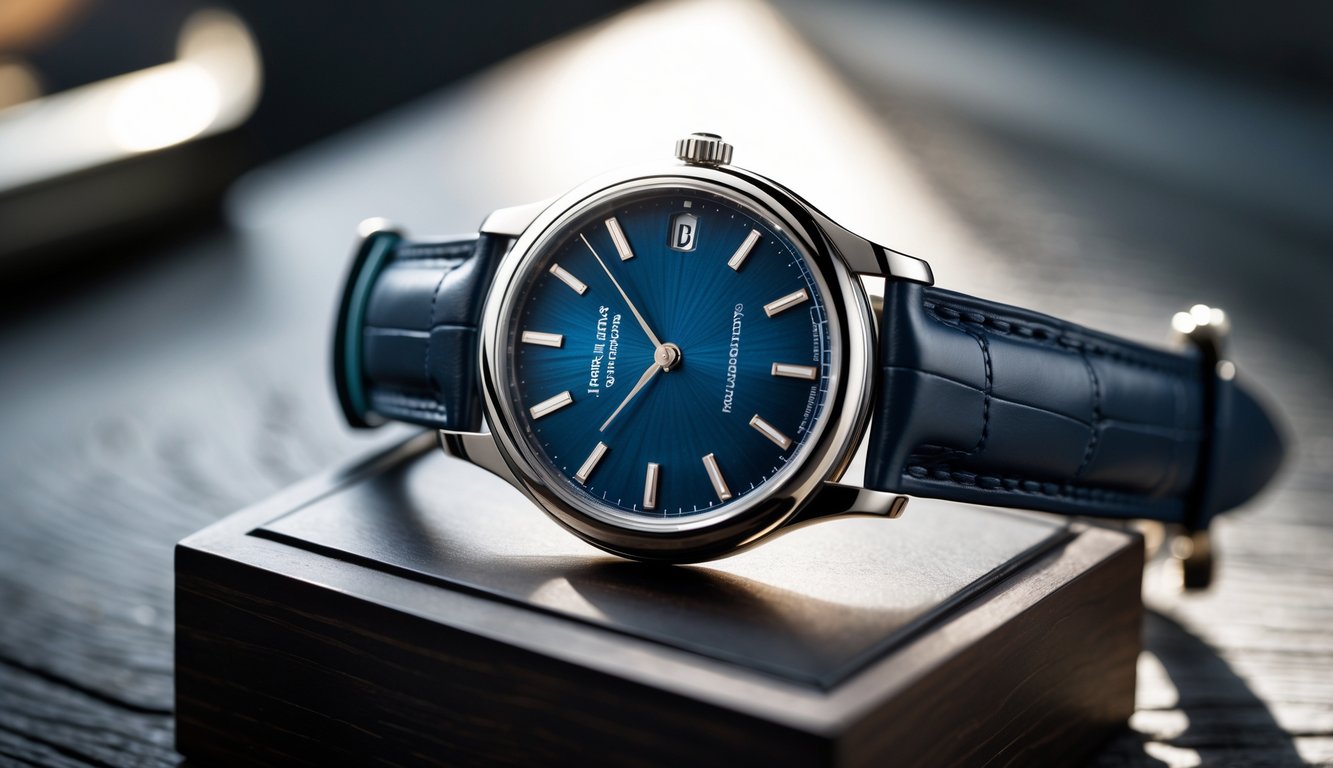 Gambar jam tangan mewah dengan desain elegan diletakkan di atas permukaan kayu gelap.