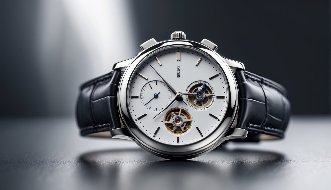 Jam tangan mewah dengan desain modern dan mesin mekanik yang terlihat jelas, diletakkan di atas permukaan bersih dengan latar belakang buram.