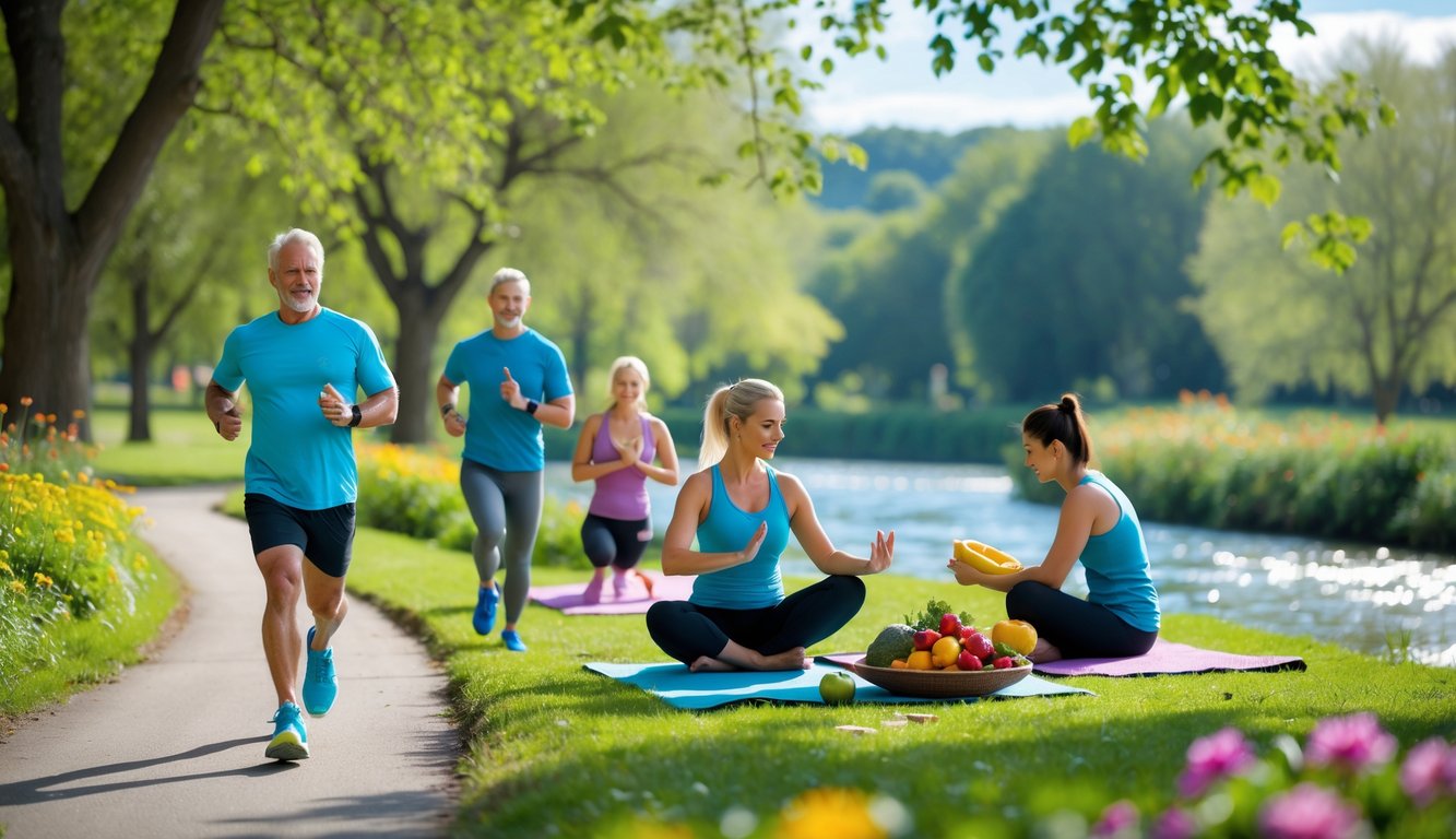 Orang-orang beraktivitas sehat di taman hijau dengan berlari, yoga, dan menyiapkan makanan sehat.