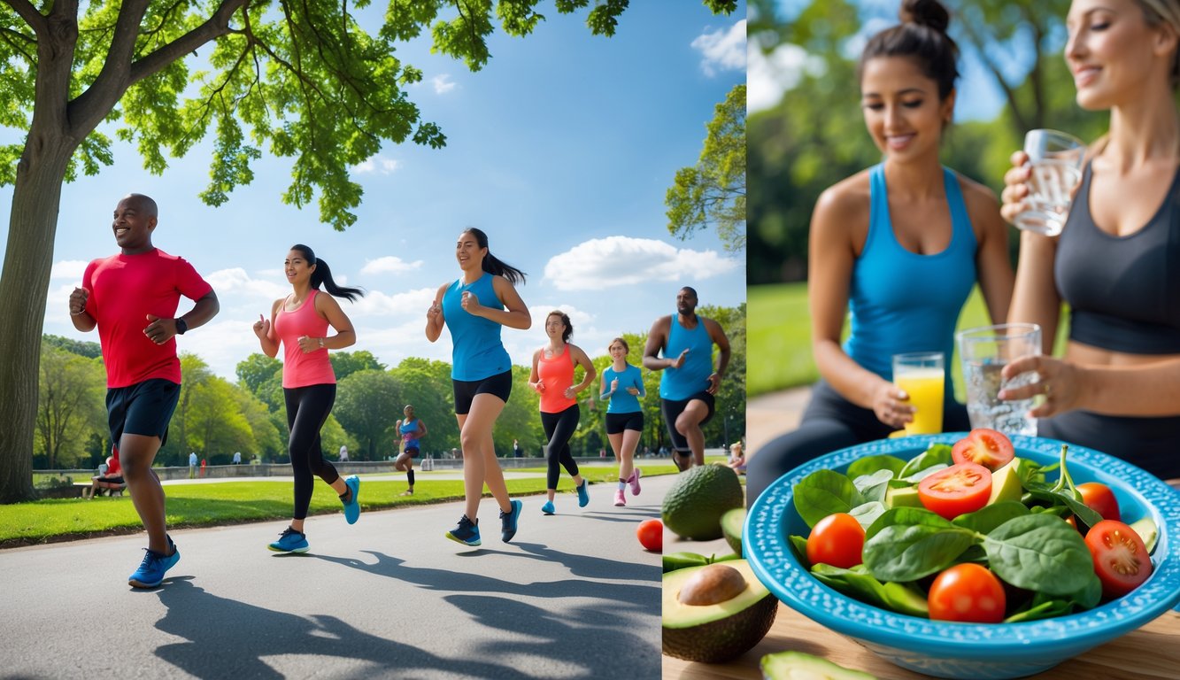 Orang-orang beraktivitas di taman dengan berolahraga dan menyiapkan makanan sehat untuk menjaga kesehatan jantung.