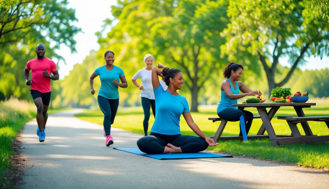 Beberapa orang melakukan aktivitas sehat di taman, seperti jogging, yoga, dan menyiapkan salad segar.