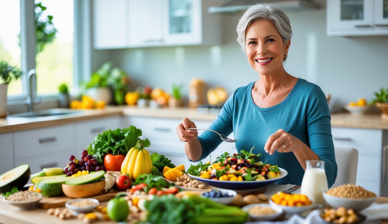 Seorang dewasa menikmati makanan sehat yang terdiri dari buah, sayur, biji-bijian, dan protein dalam suasana dapur yang terang.