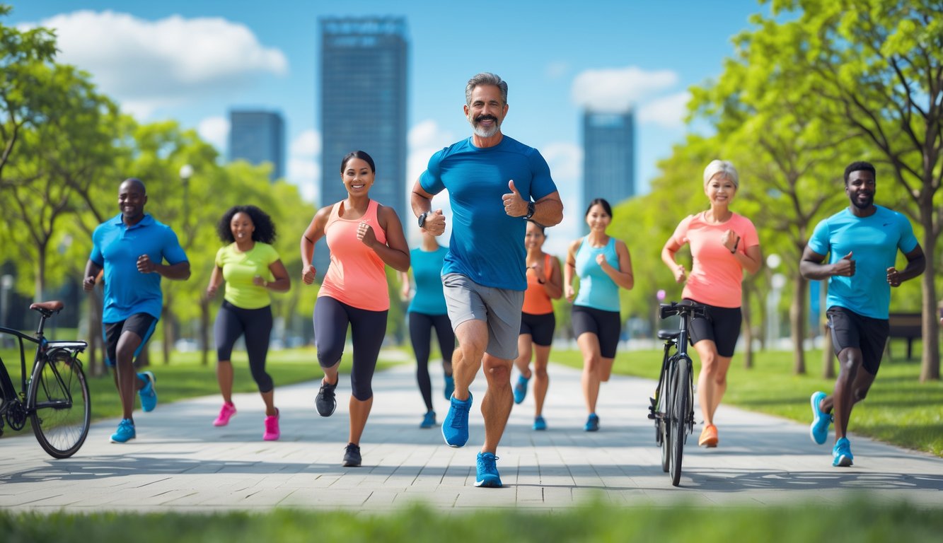 Sekelompok orang berolahraga di taman cerah dengan latar belakang kota, menunjukkan aktivitas seperti lari, bersepeda, dan peregangan.