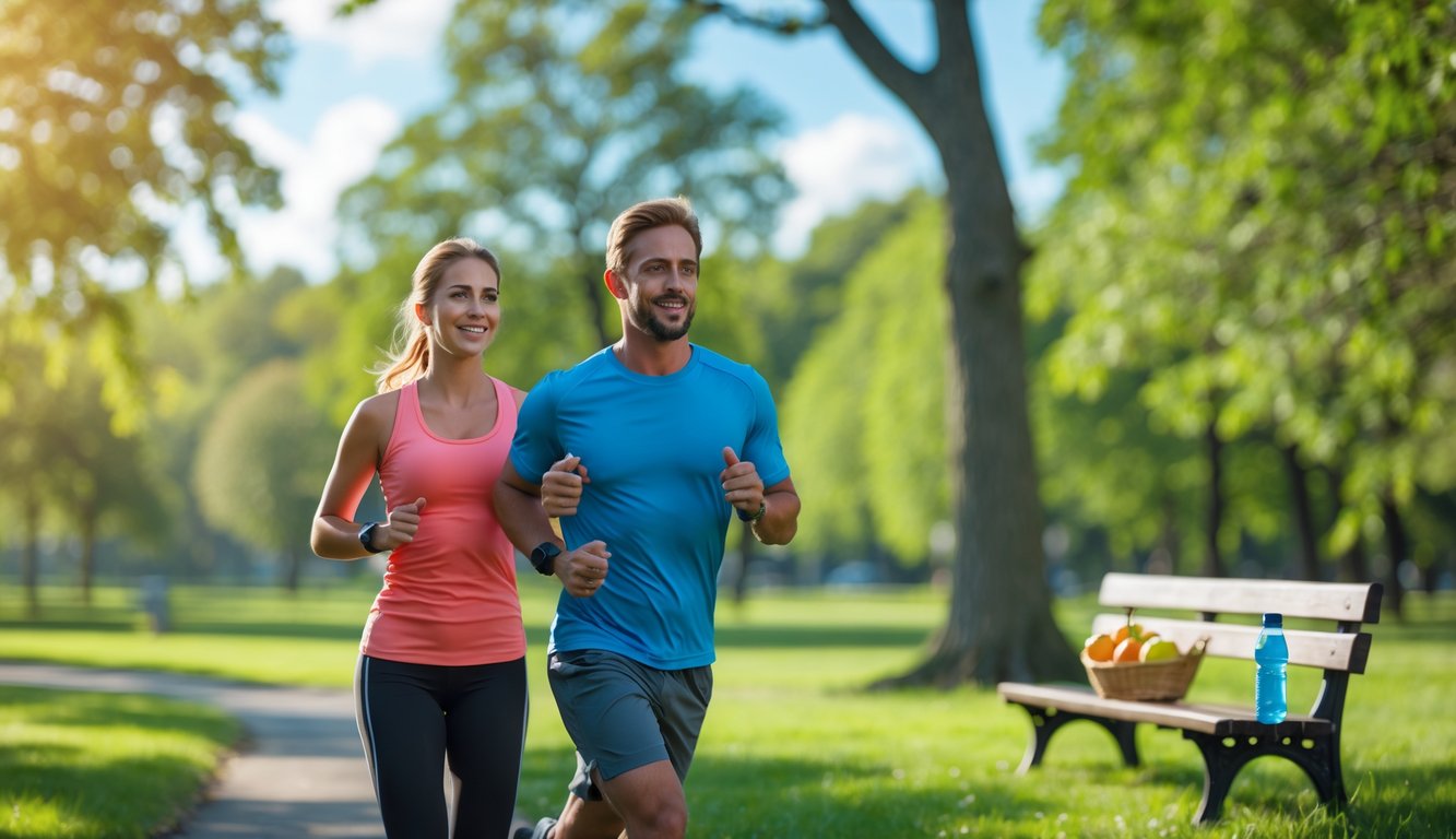 Pasangan muda sedang berlari bersama di taman hijau dengan langit cerah, menunjukkan gaya hidup sehat untuk menjaga kesehatan jantung.