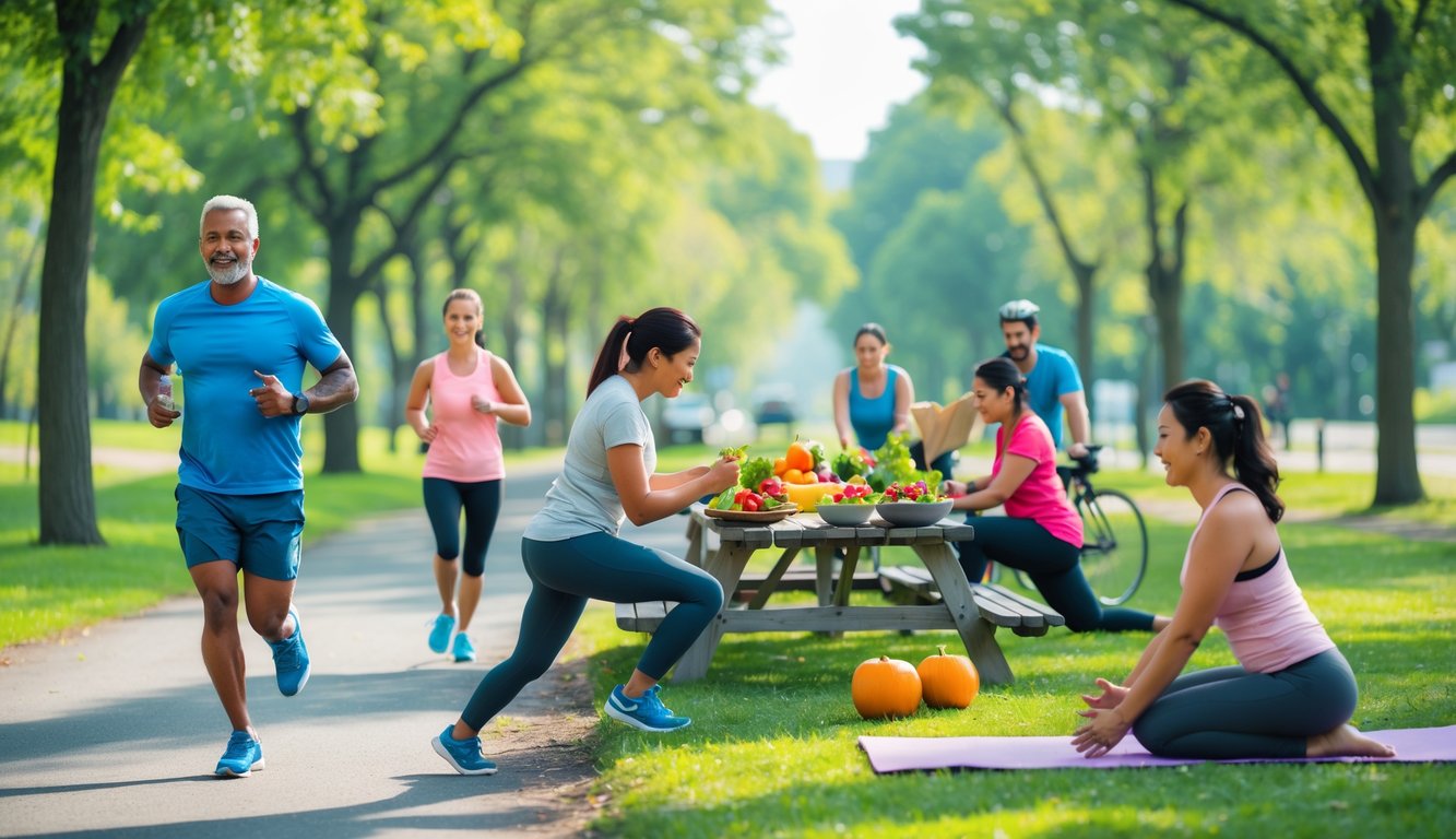 Beberapa orang melakukan aktivitas sehat di taman seperti jogging, menyiapkan salad, yoga, dan bersepeda untuk menjaga kesehatan jantung.