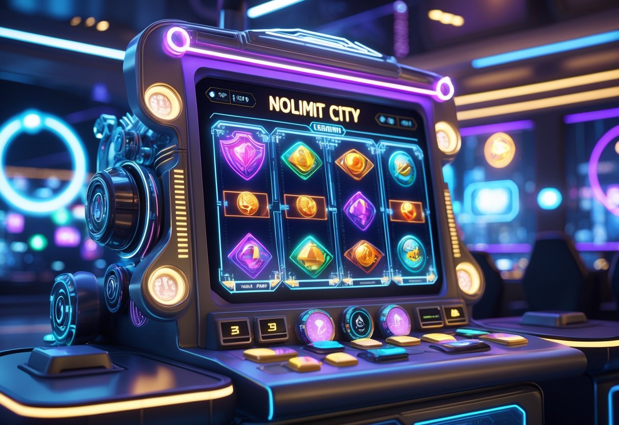 Mesin slot futuristik berwarna cerah dengan lampu neon dan simbol permainan yang berputar di dalam kasino modern.