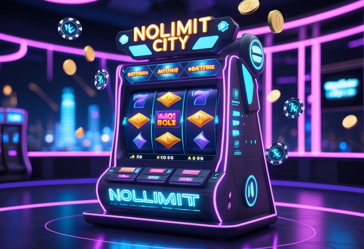 Mesin slot futuristik dengan lampu neon berwarna cerah di dalam kasino modern dengan latar belakang kota yang bercahaya.